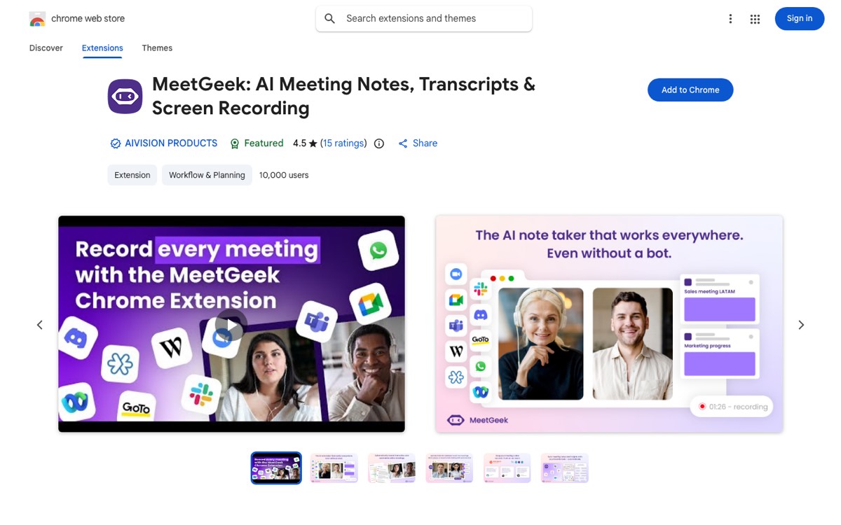 MeetGeek extension listing on the Chrome Web Store