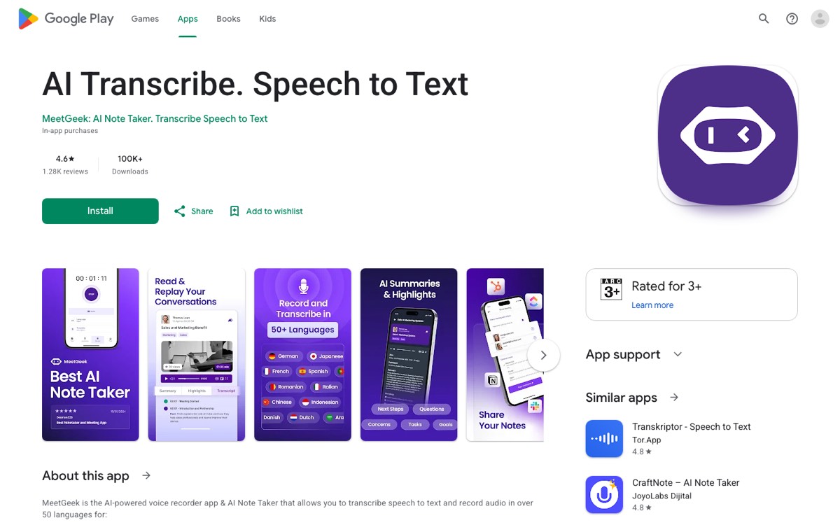 MeetGeek app listing on Google Play
